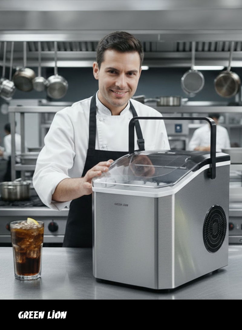 جرين ليون صانع الثلج المصنوع من الفولاذ المقاوم للصدأ مع مقبض، جهاز صانع الثلج ذاتي التنظيف مع حجمين من الثلج على شكل رصاصة، آلة ثلج صغيرة محمولة مع مغرفة وسلة للمطبخ المنزلي والمكتب والحفلات. - Image 4